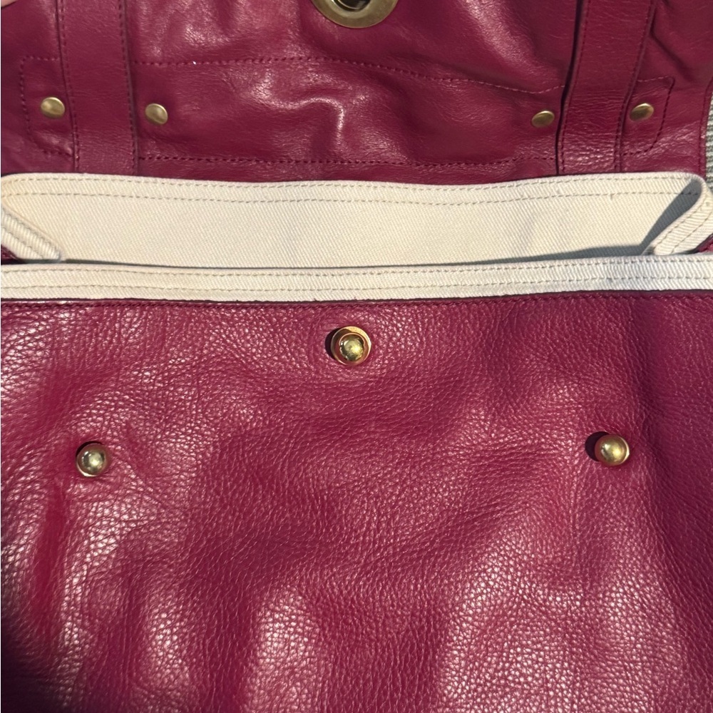 Authentic YVES SAINT LAURENT Muse Toe Leather Canvas Handbag Maroon - Picture 4 of 11